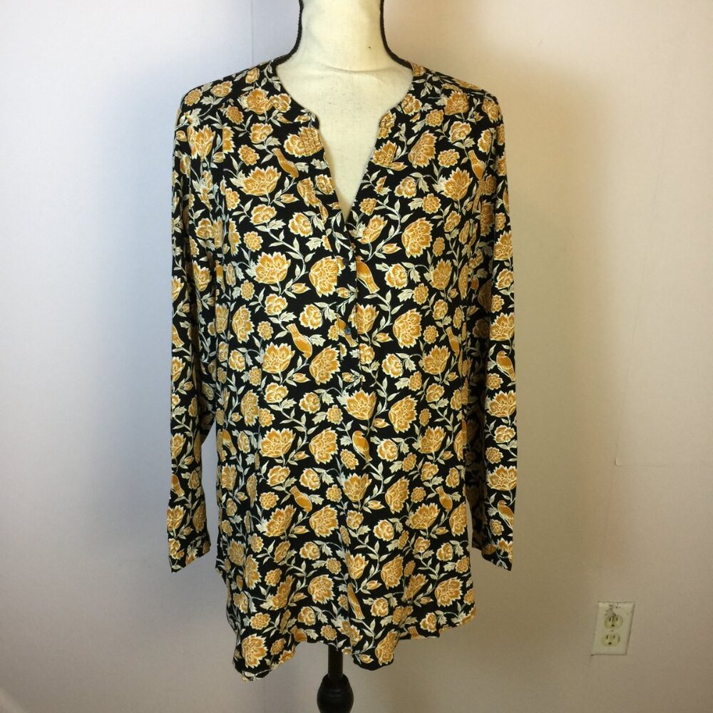 Old Navy Blouse Shirt Top Size L Womans Black Yellow Floral Pintuck Long Sleeve
